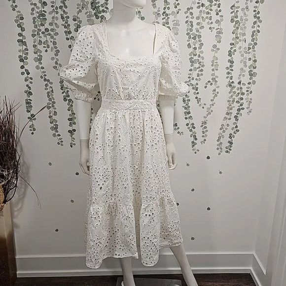 Nordstrom COTTON EYELET MIDI DRESS IN IVORY CLOUD SZ M - Picture 3 of 13